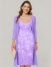 abordables Avec veste-Ensembles de Robes Deux Pièces Robe Mère de la Mariée Élégante Illusion Col Longueur Genoux Chiffon Manches Mi-Longues avec Broderie de Sequins