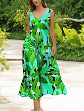 preiswerte Streifen- und geometrische Kleider-Damen Midikleid Freizeitkleid Sommerkleid A Linie Kleid Schulterfreies Kleid Urlaub Lässig Normale Passform Grafik Geometrisch Abstrakt Ärmellos U-Ausschnitt Rundausschnitt Rote Blau Purpur Grün