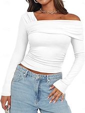preiswerte Damen Einfache Oberteile-Damen Bluse Einfach Modern Y2K Langarm V Ausschnitt Normale Oberteile Täglich Ferien Gerafft Schwarz Weiß Rosa Kamel Braun Sommer