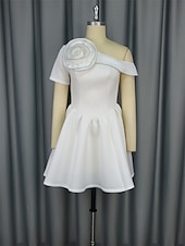 preiswerte Kleine weiße Kleider-Hochzeitskleider A-Linie Ein-Schulter Kurzarm kurz  mini Satin Brautkleider mit einfarbig