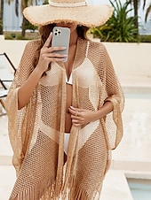 abordables Jupe portefeuille-Maillots de bain pour femmes maillot de bain à ourlet à franges découpé vacances plage vêtements couleur unie à col en V manches longues maillots de bain