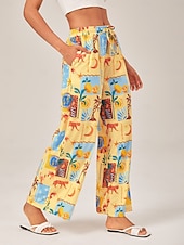 economico Pantaloni-pantaloni a gamba larga con collage tropicale