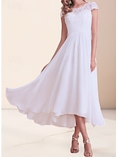 cheap Wedding Dresses-Engagement Little White Dresses Wedding Dresses A-Line Boat Neck Regular Straps Asymmetrical Chiffon Bridal Gowns With Pleats Ruched