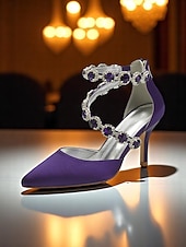 preiswerte Cocktail-lila Satin-Damenschuhe mit hohen Absätzen, Strassverzierungen und Knöchelriemen für Hochzeiten und Cocktailveranstaltungen