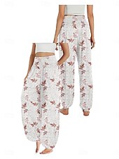billiga Grafisk linnebyxa i bomull-Dam Linneinspirerade byxor Brett skaft Byxor Etnisk Stil Ledigt Boho Fullängd Hög midja Blommig Ficka Elastisk midja Tryck Mateial som andas Mjuk Microelastisk Utomhus Yoga Vit Gul Rosa Purpur Sommar