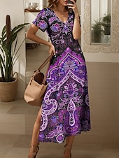 abordables Robes Boho-Femmes Robe Midi Robe d&#039;Été Robe trapèze Robe d&#039;été Vacances Occasionnel Coupe Ample Fleuri Graphique Vintage Manche Courte Col en V Jaune Rouge Bleu Violet Été Printemps Automne