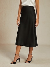 preiswerte Chiffon -Röcke-Damen Rock Elegant Mode Geschäftlich Midi Mittlere Hüfthöhe Röcke Einfach Chiffon Fließend Party-Abendmode Arbeitskleidung Schwarz Sommer Satin