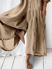 preiswerte Schlichte Hose aus Baumwollleinen-Damen Jumpsuit Aktiv Einfarbig Langarm Weit Bein Hemdkragen Knöpfe Tasche Urlaub Täglich Reguläre Passform Armeegrün Marineblau Khaki Sommer