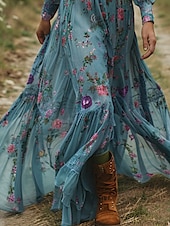 preiswerte Ausgefallene Kleider-Damen Langes Kleid Maxikleid Blumenkleid Boho-Kleid Westernkleid Elegant Mode Modern Outdoor Urlaub Täglich Normale Passform Blume Langarm V Ausschnitt Blau Sommer