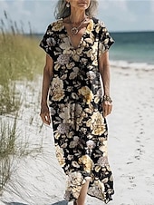 abordables Robes-Femmes Robe Longue Maxi Robe Robes en coton et lin Robe Décontractée Robe bohème Robe occidentale Mode Extérieur Soirée Fête Coupe régulière Fleur Manche Courte Col en V Noir Bleu Violet Marron Été