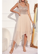 abordables Robes à paillettes-Femmes Robe Midi Robes à paillettes Robe de Soirée Robe Élégante Mode Soirée Coupe régulière Bloc de Couleur Sans manches Col en V Vert Abricot Été