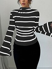 abordables T-shirt de boutique graphique-Femmes T-shirt Rayé Mode Moderne manche longue Col haut Hauts Réguliers Quotidien Sortir Noir Blanche Été Printemps