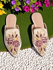 abordables Ballerines femme-mules en satin brodées à bout pointu pour femmes – ballerines à enfiler à fleurs vintage pour les rendez-vous décontractés et les promenades en plein air
