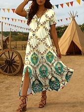 abordables Robes fleuries-Femmes Robe Midi Robe d&#039;Été Robe d&#039;été Vacances Occasionnel Boho Sortir Plage Coupe Ample Graphique Tribal Manche Courte Col en V Jaune Bleu Violet Été Printemps