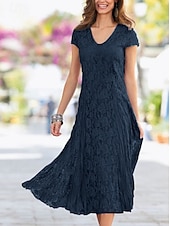 voordelige Thee Lengte-Strandbruiloft Sheath Moeder van de Bruid Jurk Bruiloft Gast Elegant Party Petite V-hals Thee Lengte Kant Korte Mouw met Plissee Effen Kleur gratis maatwerk