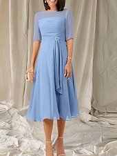 abordables Longueur du thé-Robe Mère de la Mariée A-Line Invité de Mariage Élégante Col Ras du Cou Longueur Thé Chiffon Manches Mi-longues avec Sash  Ruban Robe Midi Froncée