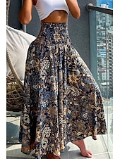 baratos Saias gráficas-Mulheres Saia Bohemia Casual Boho Longo Cintura Média Saias Floral Imprimir Micro-Elástica Férias Rua Azul marinho Amêndoa Vermelho Azul Verão Poliéster