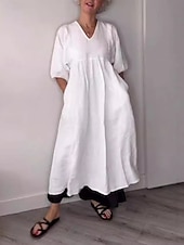 cheap Design Cotton &amp; Linen Dresses-Women&#039;s Maxi Dress A Line Dress Linen Summer Dress Casual Daily Regular Fit Graphic 3/4 Length Sleeve V Neck Black White Blue Gray Summer