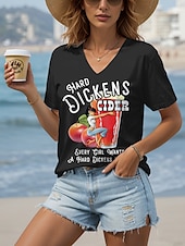 tanie Humor &amp; Cytaty koszulka-Damskie Podkoszulek Graficzny Litera Zabytkowe Elegancki Etniczne Krótki rękaw W serek Zwykłe topy Codzienny Wyjściowe Stroje plażowe Nadruk Czarny Niebieski Lato Wiosna