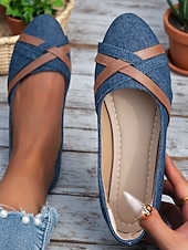 cheap Women&#039;s Flats-Women&#039;s Dark Blue Denim and Faux Leather Crisscross Flats – Vintage-Inspired Casual Ballerina Shoes for Daily Wear &amp; Weekend Styling