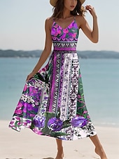 billiga Boho klänningar-Dam Maxiklänning Solklänning A linjeklänning Slipklänning Ledigt Strand Normal Blommig Grafisk Geometrisk Ärmlös V-hals Smala axelband Rodnande Rosa Purpur Grön Sommar Vår