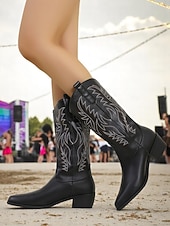 levne Cowboy &amp; Western Boots-Dámské hnědé kovbojské boty v bohémském westernovém stylu – klasické prošívání s blokovým podpatkem pro hudební festivaly, běžné nošení a outdoorové nošení