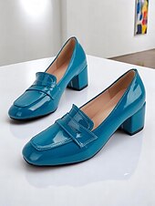 levne Block Heels-dámské modré lesklé lakované mokasíny s mohutným podpatkem – moderní nazouvací pracovní obuv s hranatou špičkou pro kancelářské profesionály