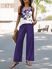 cheap Two Piece Sets-Women&#039;s Pants Sets Vacation Daily  Sleeveless U Neck Floral Graphic Casual Daily Blue Purple Green Summer Regular Fit