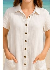 preiswerte Kleider aus Baumwolle und Leinen entwerfen-Damen Minikleid Weißes Kleid Hemdblusenkleid Elegant Basic Modern Urlaub Ferien Strand Normale Passform Einfach Kurzarm Hemdkragen Weiß Sommer