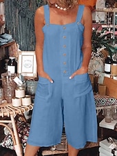 billige Vanlig linbukse i bomull-dame normale dungarees romper avslappet ensfarget ermeløs u-hals knapper lomme gate fest normal passform hvit rosa blå sommer