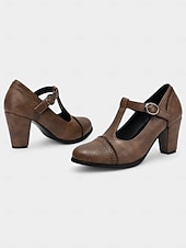 voordelige Mary Jane Pumps-Crèmekleurige Mary Jane pumps met T-bandjes en brogue-details voor dames – schoenen met hak in vintage stijl uit de jaren 30 voor feesten, bruiloften en retro-outfits