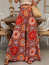 baratos perna larga e cintura alta-Mulheres Perna larga Calça larga Calças Férias Boho Comprimento total Cintura Alta Flor Cintura elástica Respirável Confortável Micro-Elástica Rua Roupa Diária Para Noite Laranja Verão Normal