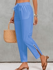preiswerte Schlichte Hose aus Baumwollleinen-Damen Stoffhosen Chino Volle Länge Natürliche Taille Unelastisch lichter Ocker Weiß Blau Smaragd Sommer Herbst