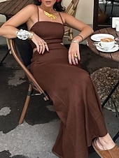 abordables Ensembles courts pour femmes-Femmes Mode Streetwear Ensembles en coton et lin Jupe Ensembles Sans manches Bretelle Uni Dos nu Fête Week-end Marron Été Coupe régulière