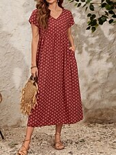tanie Sukienka w paski i geometryczna-Damskie Sukienka maxi Sukienka A line Letnie sukienki Codzienny Codzienny Regularny Graficzny Geometryczny Krótki rękaw W serek Czarny Wino Czerwony Zielony Lato