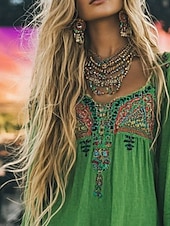 cheap Boho Dress-Women&#039;s Mini Dress Boho Dress Western Dress Fashion Modern Daily Holiday Going out Regular Fit Flower Long Sleeve Square Neck Green Summer