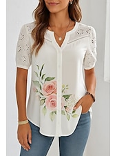 preiswerte Blusen-Damen Hemd Knopfleiste Blumen Stilvoll Modern Kurzarm V Ausschnitt Normale Oberteile Täglich Ferien Patchwork Knöpfe Druck Weiß Sommer