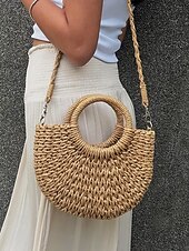 olcso Kézitáskák és bevásárlótáskák-női szalmából szőtt strandtáska kerek fogantyúval és hosszú pánttal – boho nyári kézitáska nyaraláshoz, utazáshoz és hétköznapi ruhákhoz rózsaszín narancssárga barna