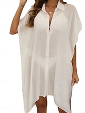 cheap Beach Dresses-Women&#039;s Swimsuits Cover Up Swim Dress Swimsuit Buttons UV Protection Vacation Beach Wear Solid Color V Neck Short Sleeves Bathing Suits