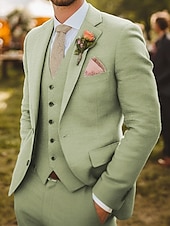 economico Abiti da sposa-Abiti da uomo in lino, modello da sposo, estivi, formali, tinta unita, vestibilità standard, 3 pezzi, monopetto, due bottoni