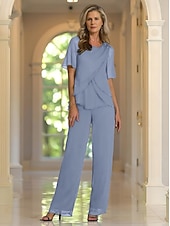 abordables Costumes-pantalons pour maman-Combinaison deux pièces  Robe de mère de la mariée élégante à encolure ras du cou en chiffon à manches courtes avec broderie en dentelle et volants en cascade