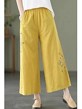 economico Pantaloni in lino e cotone semplici-Per donna Pantaloni in cotone e lino Moda Streetwear Lunghezza intera Naturale Floreale Ricamato Tasca Elastico in vita Comodo All&#039;aperto Confortevole All&#039;aperto Vacanza Ferie Aalbicocca Blu cielo