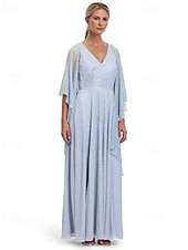 preiswerte Bodenlänge-Metallic Lurex Chiffon A-Linie Mutter der Braut Kleid elegantes einfach minimalistisches V-Ausschnitt bodenlang halbärmel mit Rüschendetails