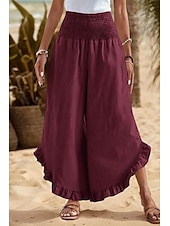 economico Pantaloni in lino e cotone semplici-Per donna Pantaloni in cotone e lino Pantaloni Eleganti Moda Streetwear Lunghezza intera Naturale Semplice Volant Elastico in vita All&#039;aperto Confortevole All&#039;aperto Vacanza Uscire Rosso arancione