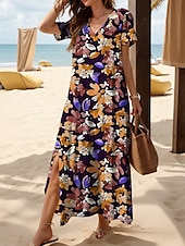 tanie Sukienki kwiatowe-Damskie Sukienka maxi Codzienne sukienki Sukienka letnia Sukienka A line Urlop Codzienny Plaża Regularny Kwiaty Graficzny Krótki rękaw W serek Żółty Fioletowy Zielony Lato Wiosna