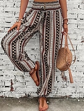 preiswerte weites Bein und hohe Taille-Damen Jogginghose Hosen Hose Urlaub Boho Volle Länge Mittlere Taille Geometrisch Elastischer Bund Atmungsaktiv Bequem Mikroelastisch Straße Alltagskleidung Ausgehen Dunkelbraun Weiß Rot Dunkelgrün