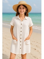 preiswerte Kleider aus Baumwolle und Leinen entwerfen-Damen Minikleid Weißes Kleid Hemdblusenkleid Elegant Basic Modern Urlaub Ferien Strand Normale Passform Einfach Kurzarm Hemdkragen Weiß Sommer