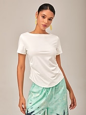 economico Magliette-Per donna Da donna Tinta unica Casuale Quotidiano Corte Bianco Coulisse Arricciato Manica Corta Casual Quotidiano A barca Estate