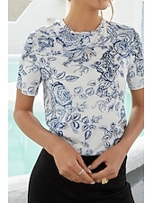 billige Blomster t-skjorte-Dame T skjorte Blomstret Moderne Fritid Kortermet Crew-hals Vanlige topper Daglig Helg Trykt mønster Hvit Sommer