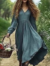 preiswerte Ausgefallene Kleider-Damen Langes Kleid Maxikleid Freizeitkleid Sommerkleid Boho-Kleid Tribal Urlaub Täglich Normale Passform Einfarbig Langarm V Ausschnitt Blau Purpur Sommer